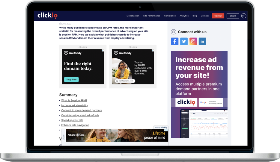 Clickio blog article shown in a laptop with premium display ads