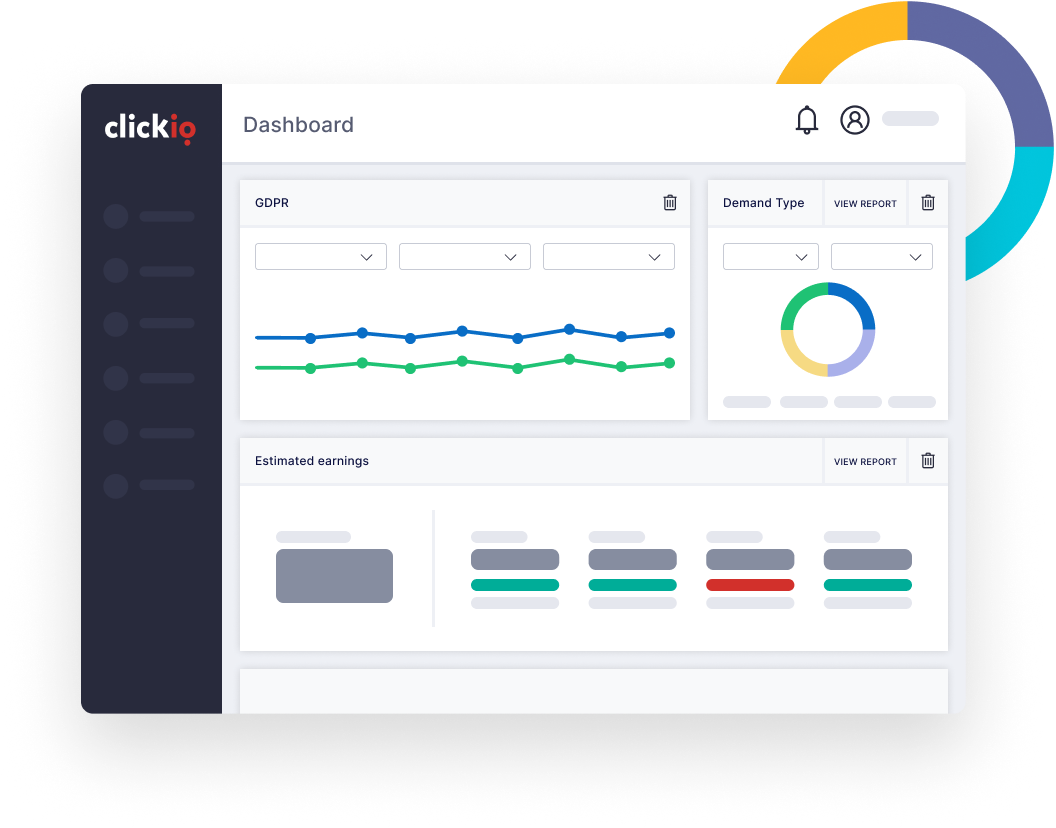 Dashboard di Reporting di Clickio con grafici di GDPR e tipo di domanda e una ripartizione delle entrate stimate