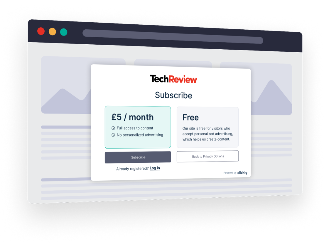 Clickio Consent Subscribe dialog on the TechReview website offering a paid ad-free plan or a free ad-supported option