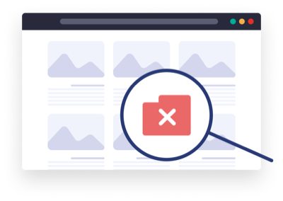 No results found illustration: a browser window with a magnifier over an empty briefcase