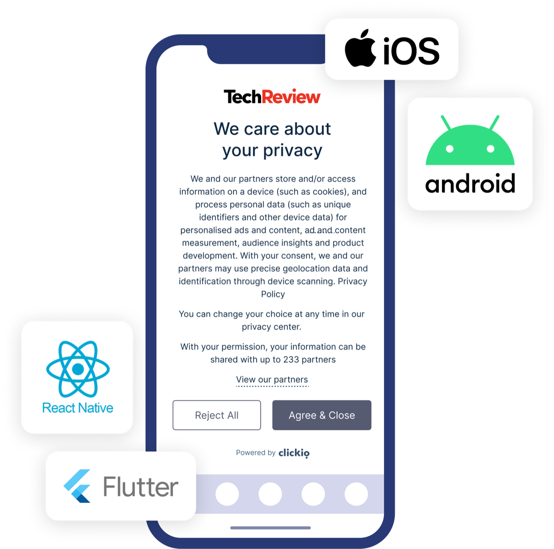 Clickio consent dialog on a phone surrounded by iOS, Android, React Native and Flutter platform badges