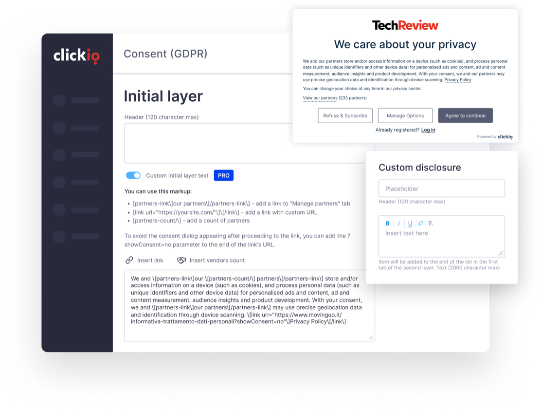 Editor del primo livello di Clickio Consent con la finestra di dialogo di consenso di TechReview e un pannello di divulgazione personalizzato