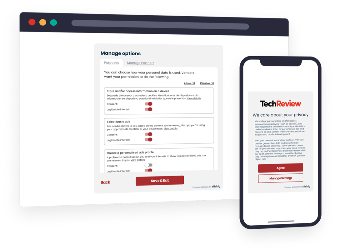 Schermata di gestione delle opzioni di Clickio Consent su desktop e la finestra di dialogo sulla privacy di TechReview su mobile