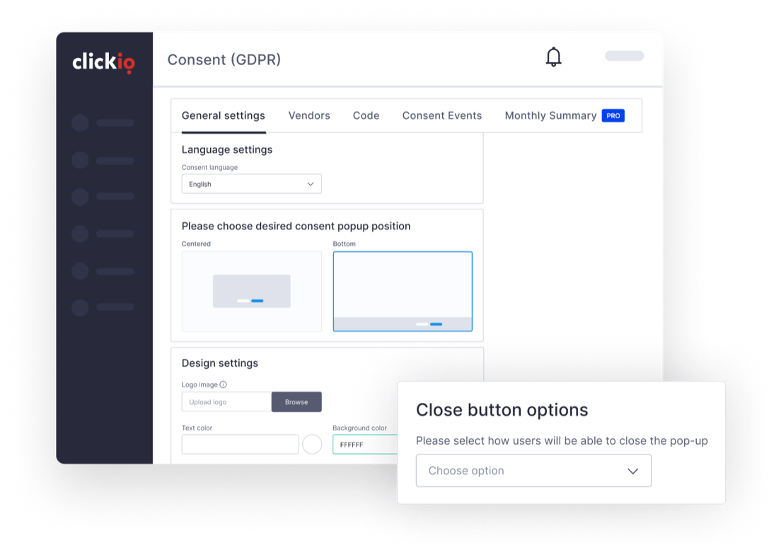 Pestaña de configuración general de Clickio Consent (RGPD) con opciones de posición del popup y un panel de opciones del botón Cerrar
