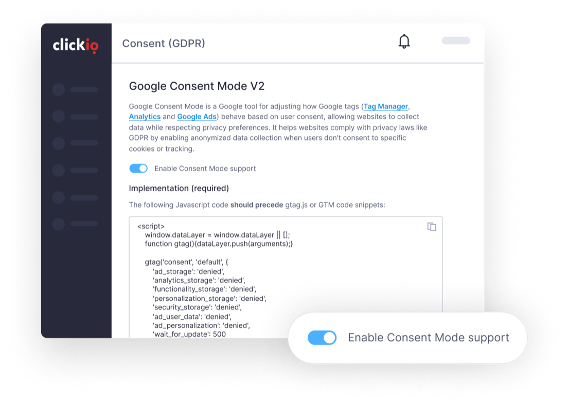 Pantalla de Google Consent Mode V2 de Clickio Consent (RGPD) con el código de configuración en la página y un interruptor para habilitar el soporte de Consent Mode