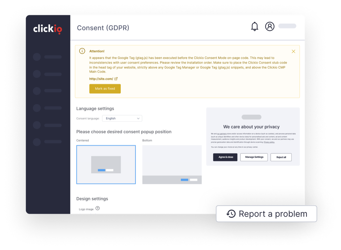 Plataforma Clickio Consent mostrando una alerta de Atención sobre el orden de implementación y un control para Reportar un problema