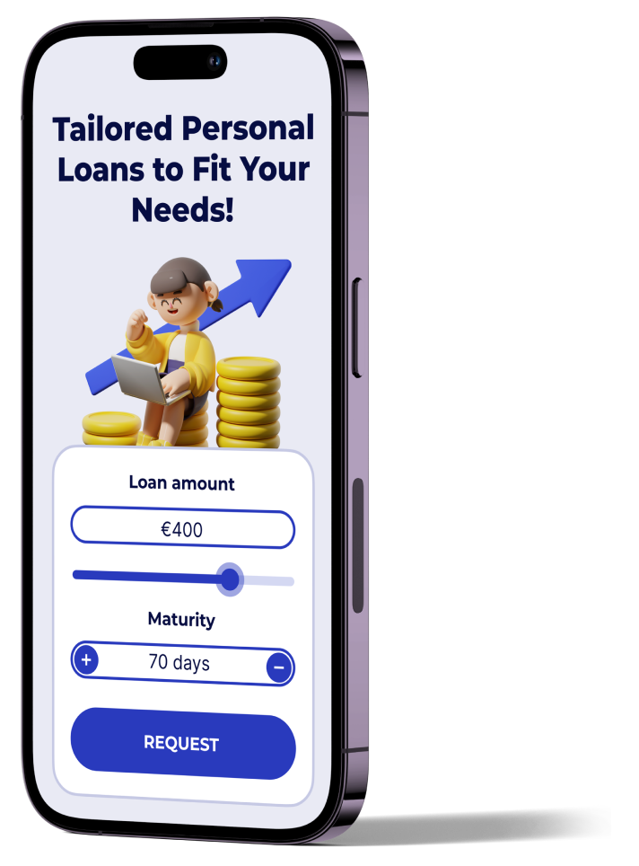 Phone showing a Tailored Personal Loans to Fit Your Needs! offer with loan amount and maturity controls