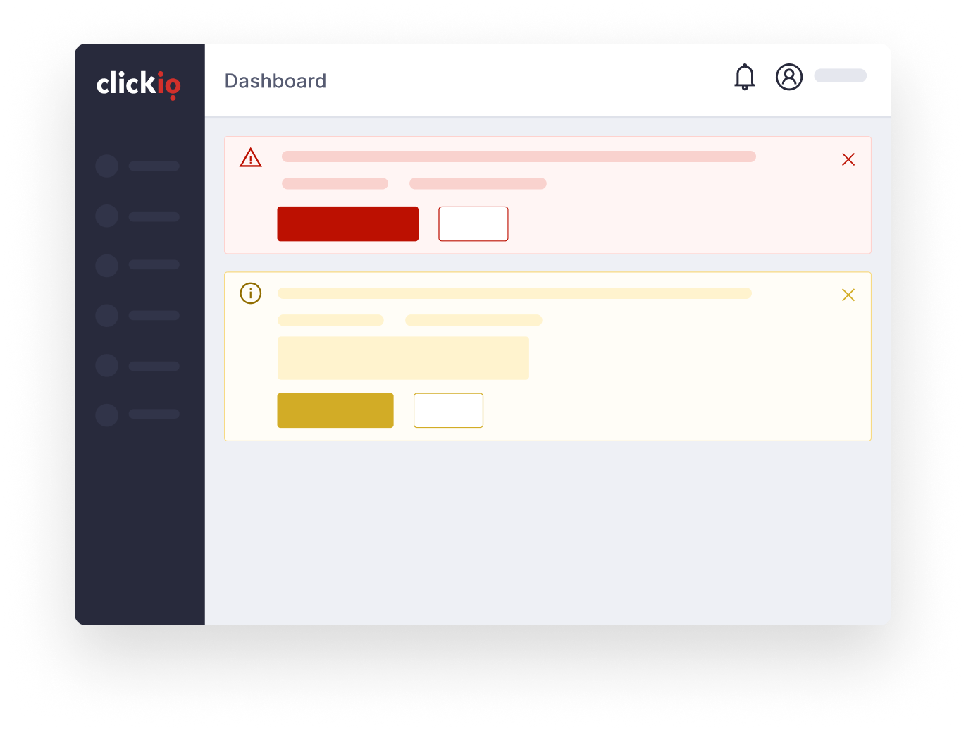 Clickio dashboard showing automated Web Vitals alert notifications